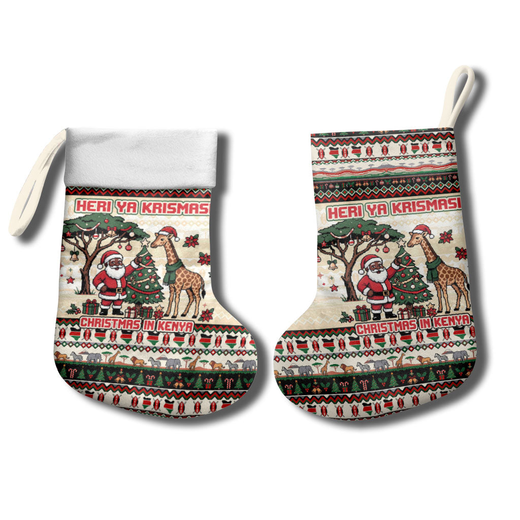 Kenya Christmas Santa Wildlife Christmas Stocking Heri Ya Krismasi - Elephant Giraffe - Ugly Pixel Art