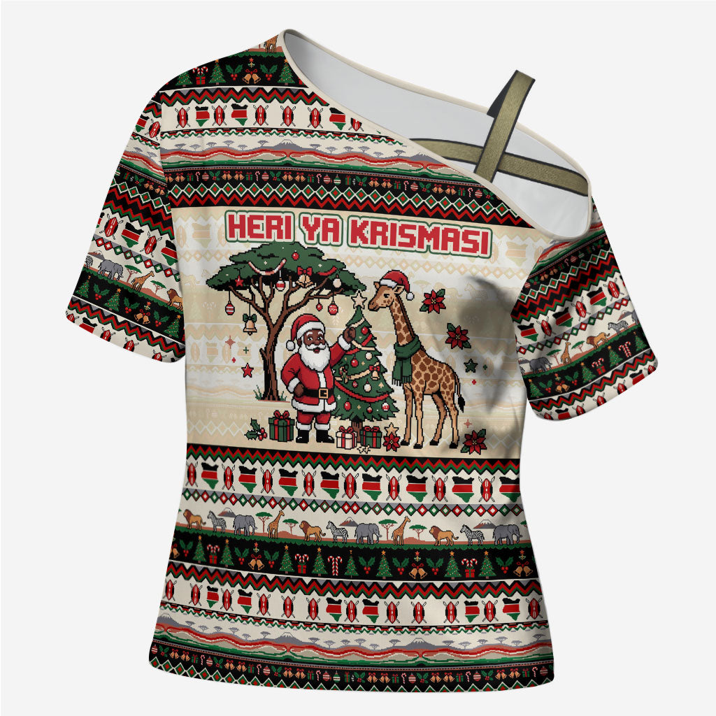 Kenya Christmas Santa Wildlife Cross Shoulder Shirt Heri Ya Krismasi - Elephant Giraffe - Ugly Pixel Art