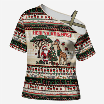 Kenya Christmas Santa Wildlife Cross Shoulder Shirt Heri Ya Krismasi - Elephant Giraffe - Ugly Pixel Art