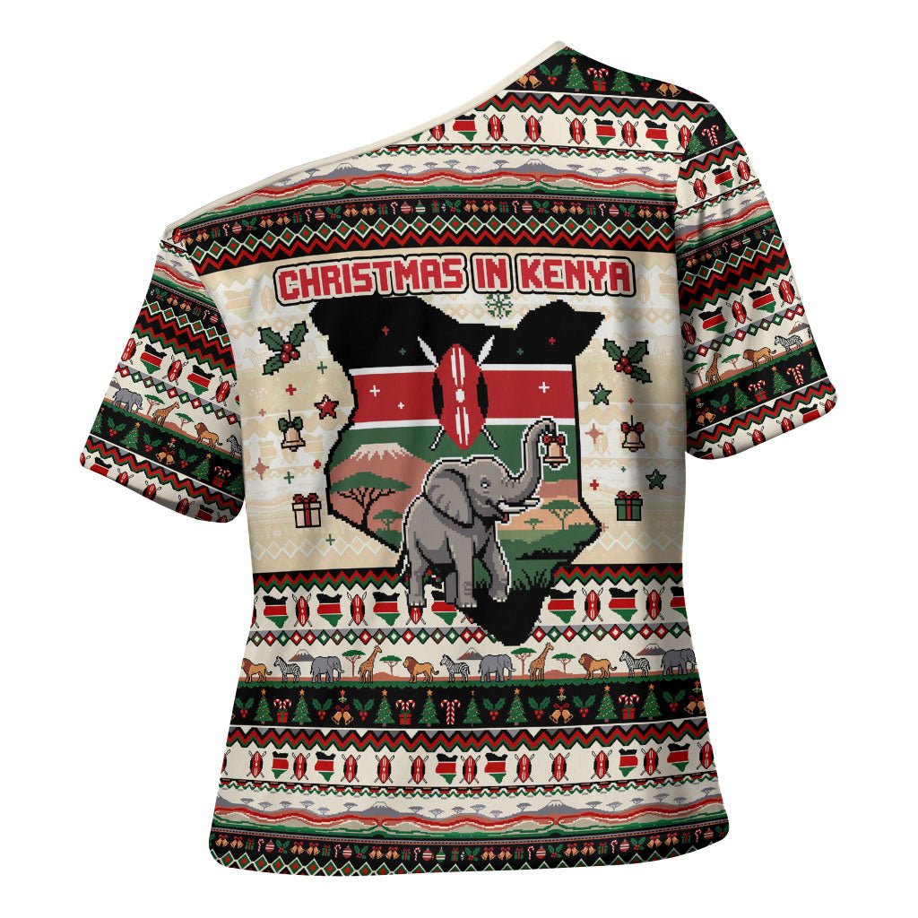 Kenya Christmas Santa Wildlife Cross Shoulder Shirt Heri Ya Krismasi - Elephant Giraffe - Ugly Pixel Art