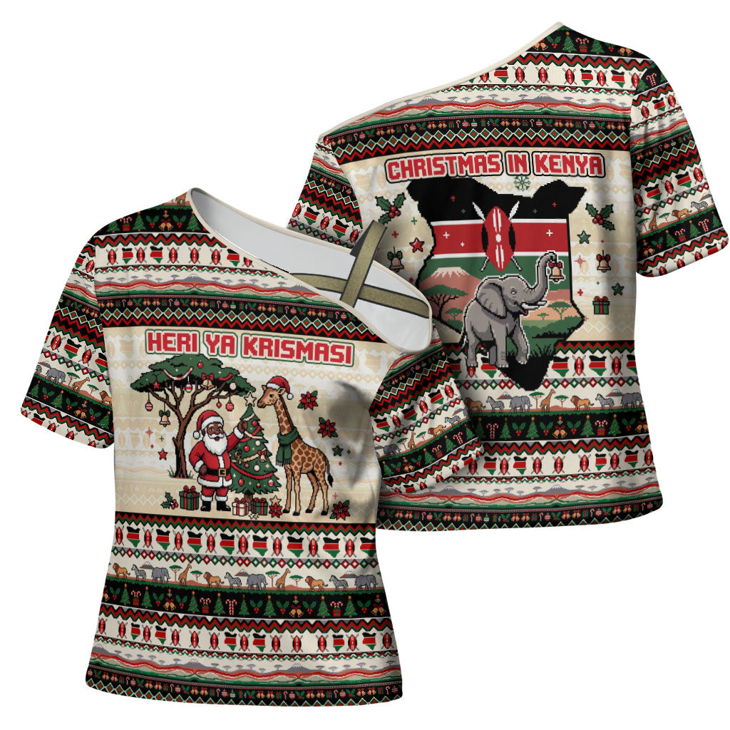 Kenya Christmas Santa Wildlife Cross Shoulder Shirt Heri Ya Krismasi - Elephant Giraffe - Ugly Pixel Art