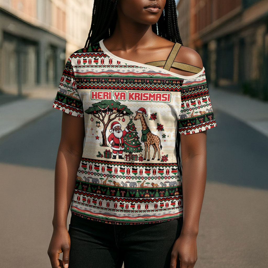 Kenya Christmas Santa Wildlife Cross Shoulder Shirt Heri Ya Krismasi - Elephant Giraffe - Ugly Pixel Art