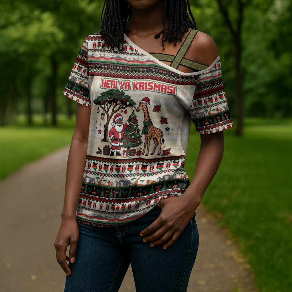 Kenya Christmas Santa Wildlife Cross Shoulder Shirt Heri Ya Krismasi - Elephant Giraffe - Ugly Pixel Art