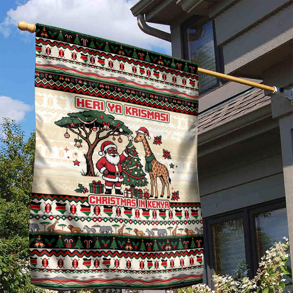 Kenya Christmas Santa Wildlife Garden Flag Heri Ya Krismasi - Elephant Giraffe - Ugly Pixel Art