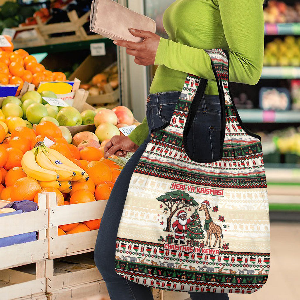 Kenya Christmas Santa Wildlife Grocery Bag Heri Ya Krismasi - Elephant Giraffe - Ugly Pixel Art