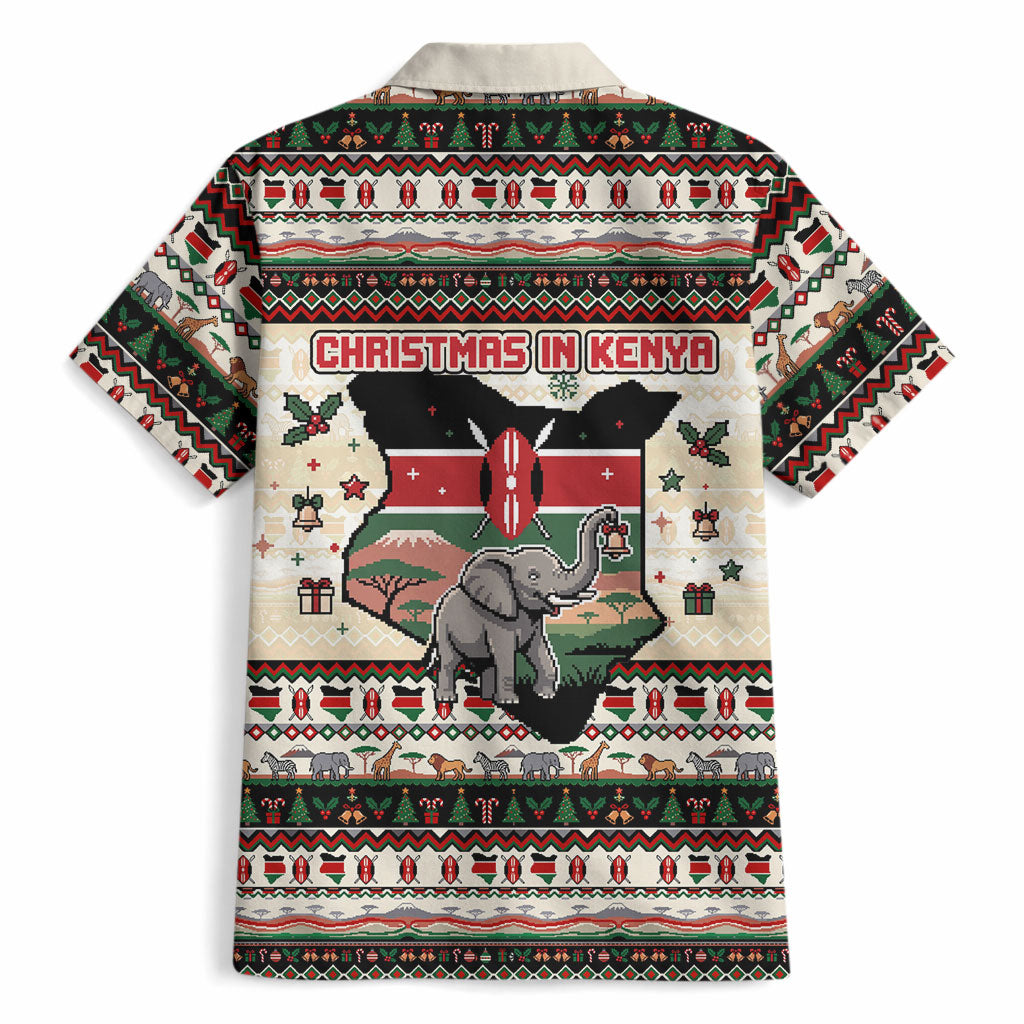 Kenya Christmas Santa Wildlife Hawaiian Shirt Heri Ya Krismasi - Elephant Giraffe - Ugly Pixel Art