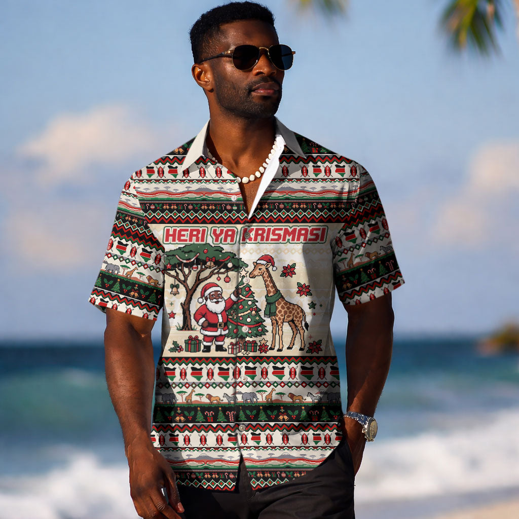Kenya Christmas Santa Wildlife Hawaiian Shirt Heri Ya Krismasi - Elephant Giraffe - Ugly Pixel Art
