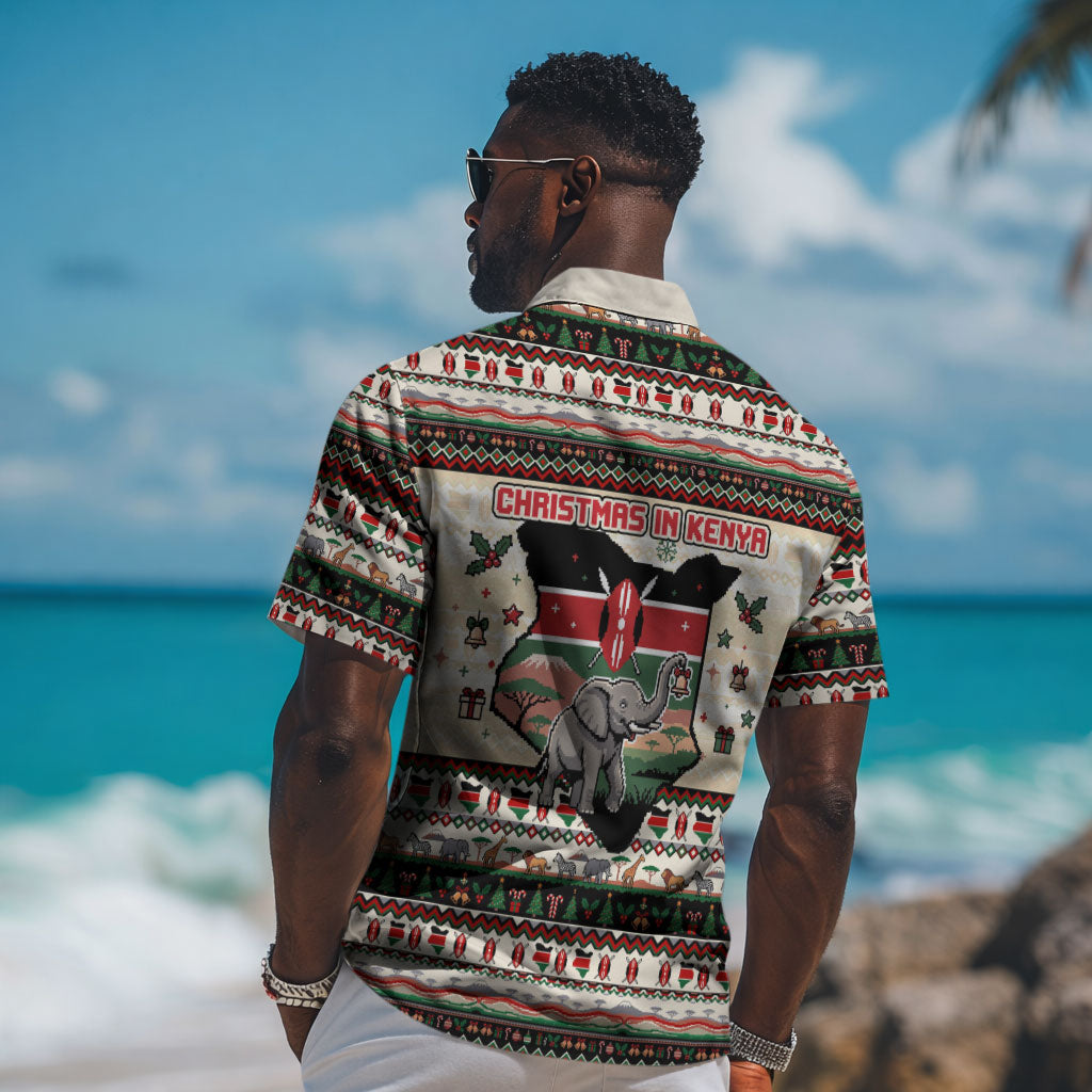 Kenya Christmas Santa Wildlife Hawaiian Shirt Heri Ya Krismasi - Elephant Giraffe - Ugly Pixel Art