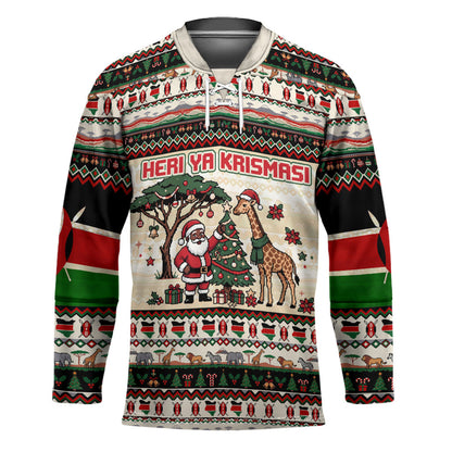 Kenya Christmas Santa Wildlife Hockey Jersey Heri Ya Krismasi - Elephant Giraffe - Ugly Pixel Art