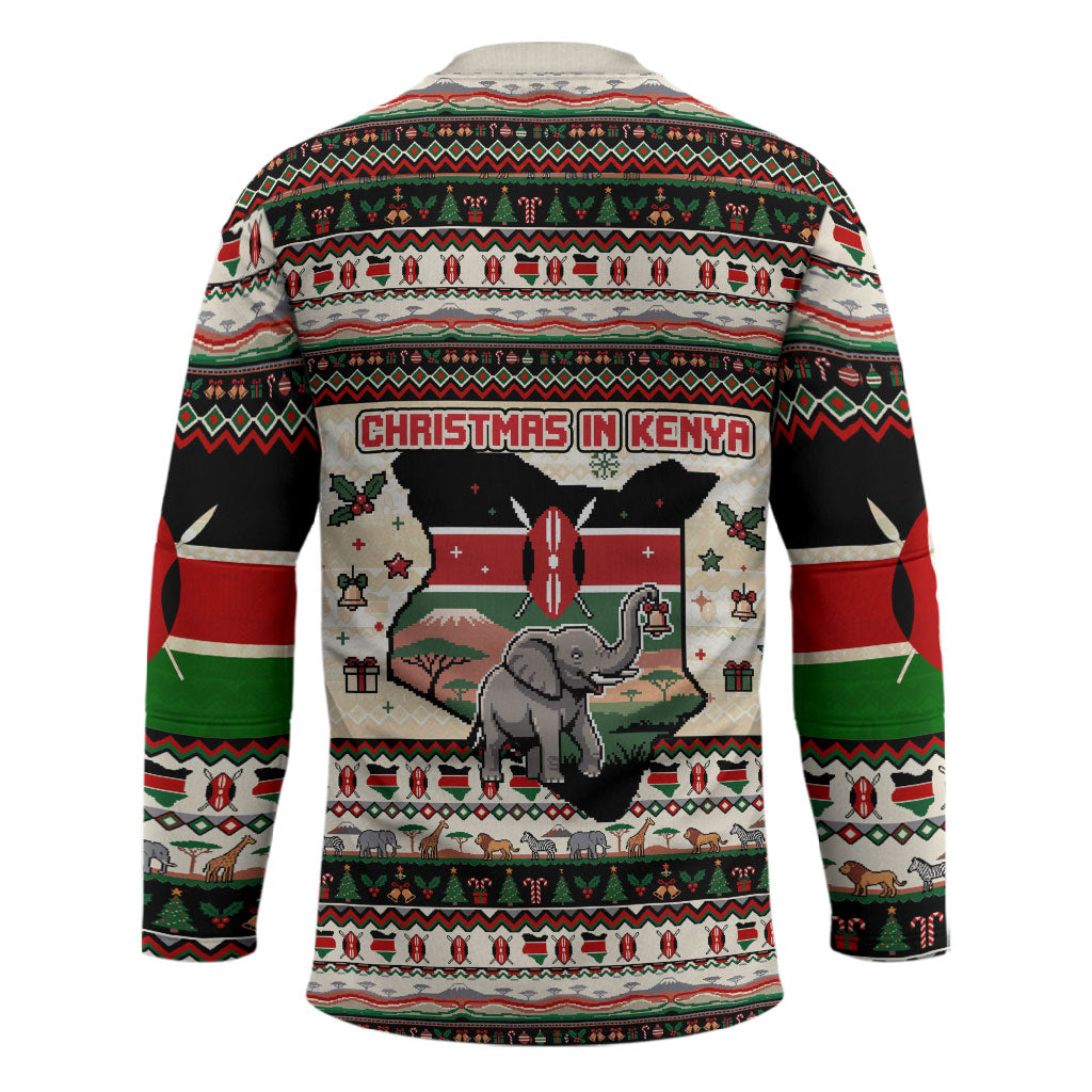 Kenya Christmas Santa Wildlife Hockey Jersey Heri Ya Krismasi - Elephant Giraffe - Ugly Pixel Art