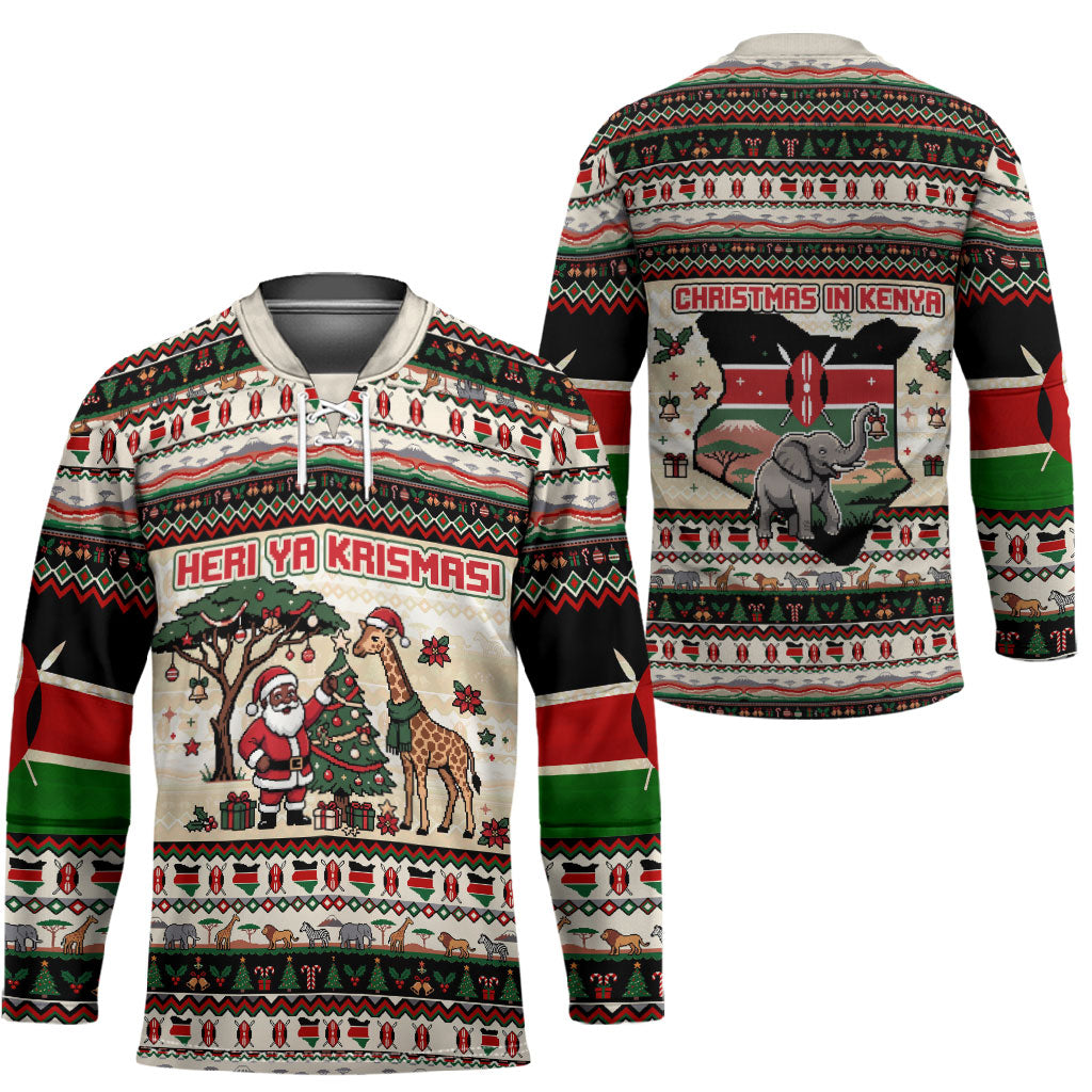 Kenya Christmas Santa Wildlife Hockey Jersey Heri Ya Krismasi - Elephant Giraffe - Ugly Pixel Art