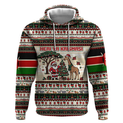 Kenya Christmas Santa Wildlife Hoodie Heri Ya Krismasi - Elephant Giraffe - Ugly Pixel Art