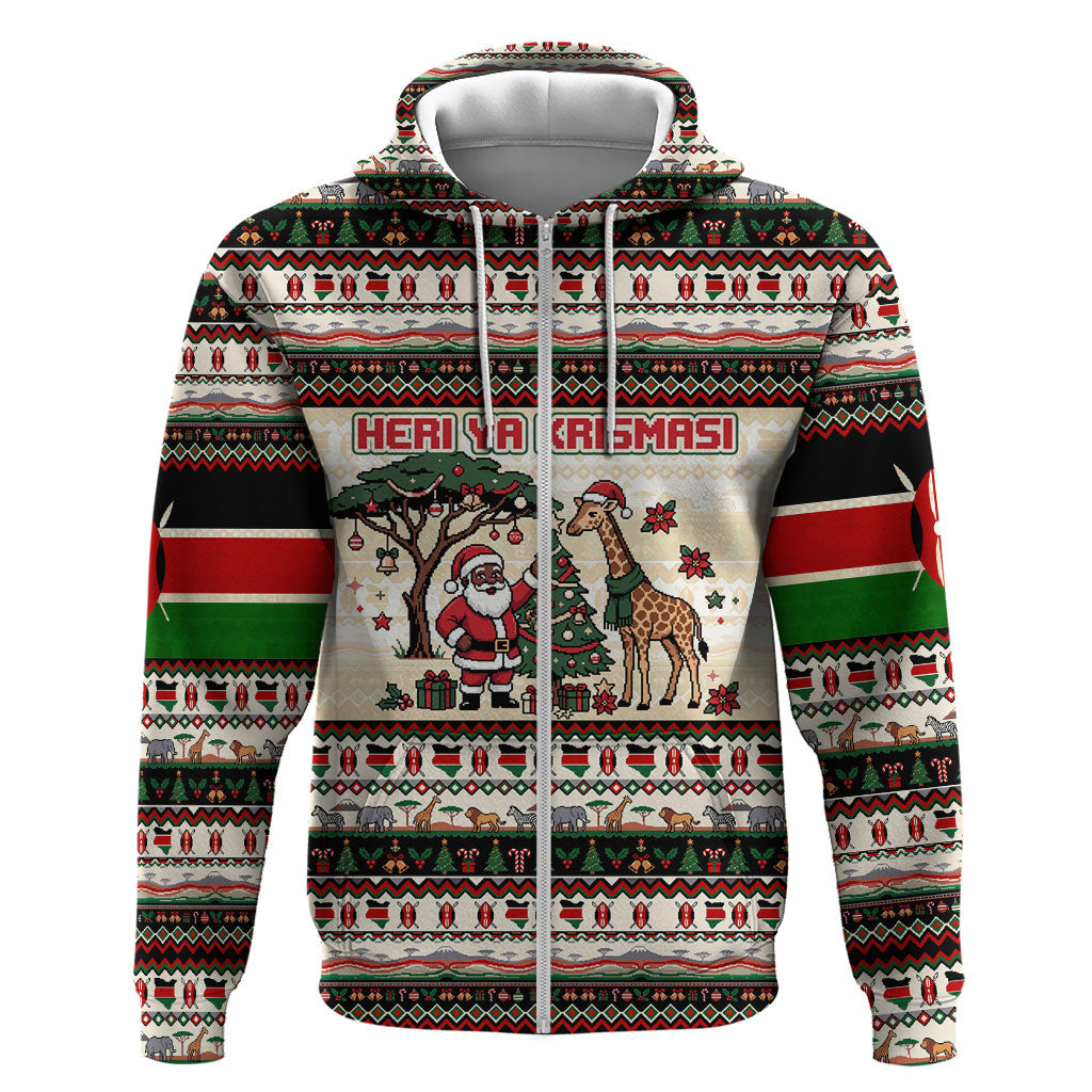 Kenya Christmas Santa Wildlife Hoodie Heri Ya Krismasi - Elephant Giraffe - Ugly Pixel Art