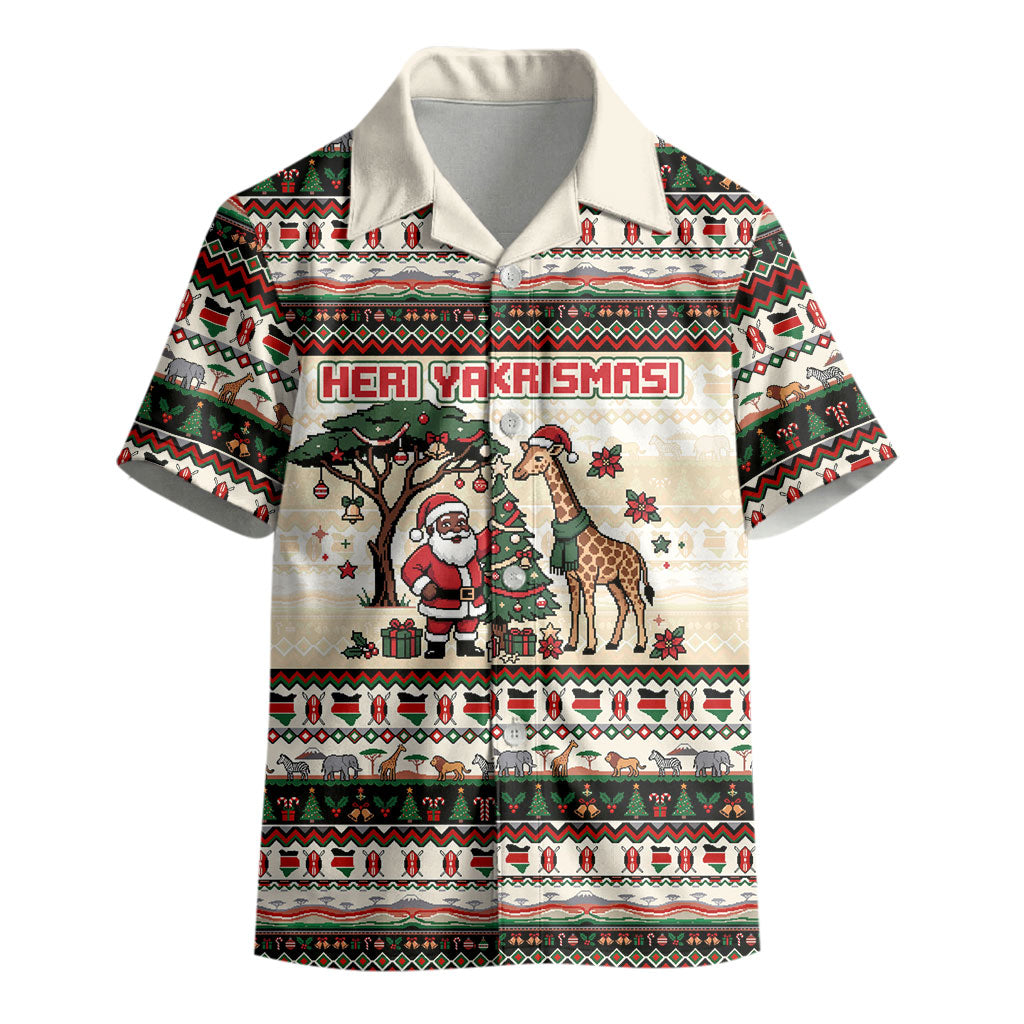 Kenya Christmas Santa Wildlife Kid Hawaiian Shirt Heri Ya Krismasi - Elephant Giraffe - Ugly Pixel Art