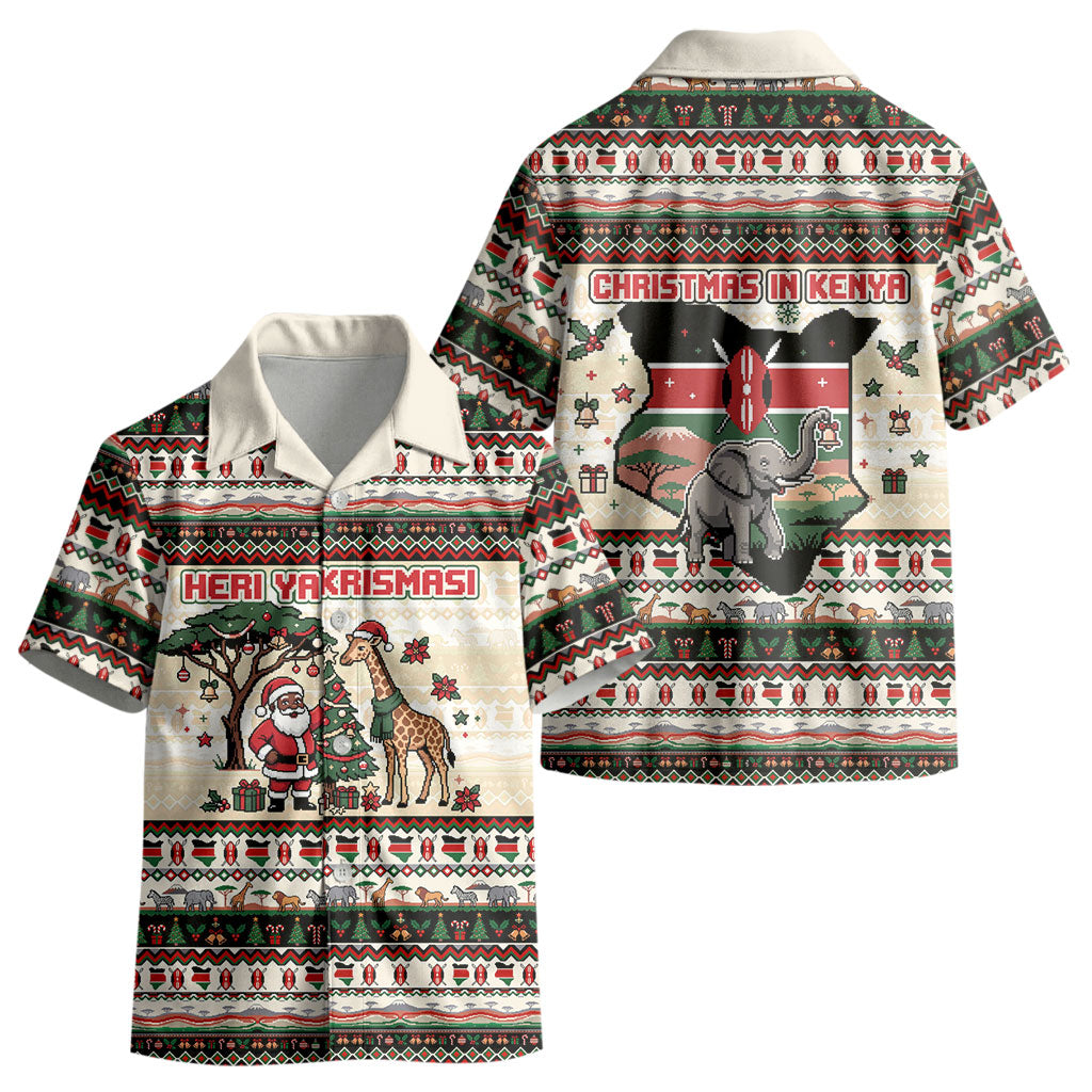 Kenya Christmas Santa Wildlife Kid Hawaiian Shirt Heri Ya Krismasi - Elephant Giraffe - Ugly Pixel Art
