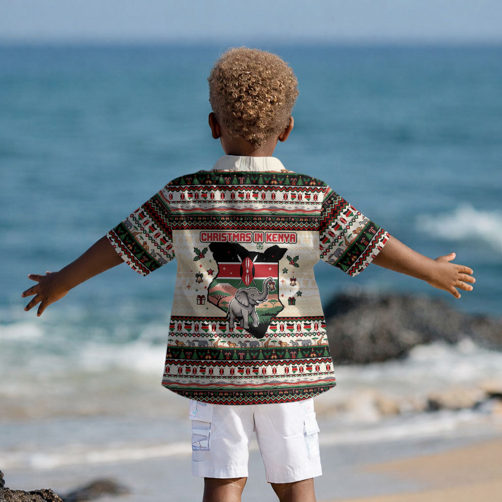 Kenya Christmas Santa Wildlife Kid Hawaiian Shirt Heri Ya Krismasi - Elephant Giraffe - Ugly Pixel Art