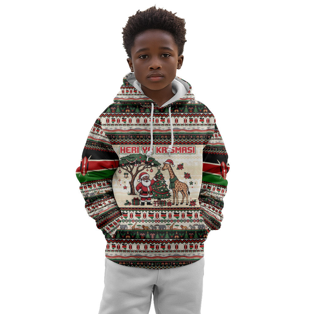 Kenya Christmas Santa Wildlife Kid Hoodie Heri Ya Krismasi - Elephant Giraffe - Ugly Pixel Art