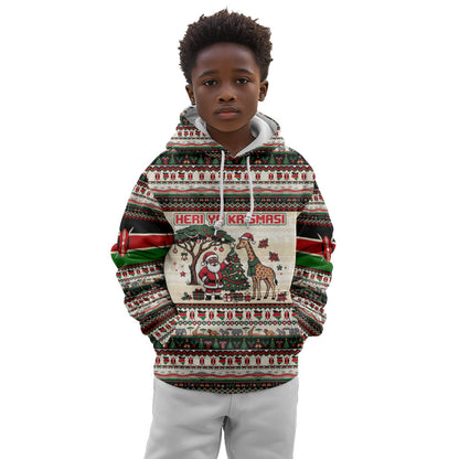 Kenya Christmas Santa Wildlife Kid Hoodie Heri Ya Krismasi - Elephant Giraffe - Ugly Pixel Art