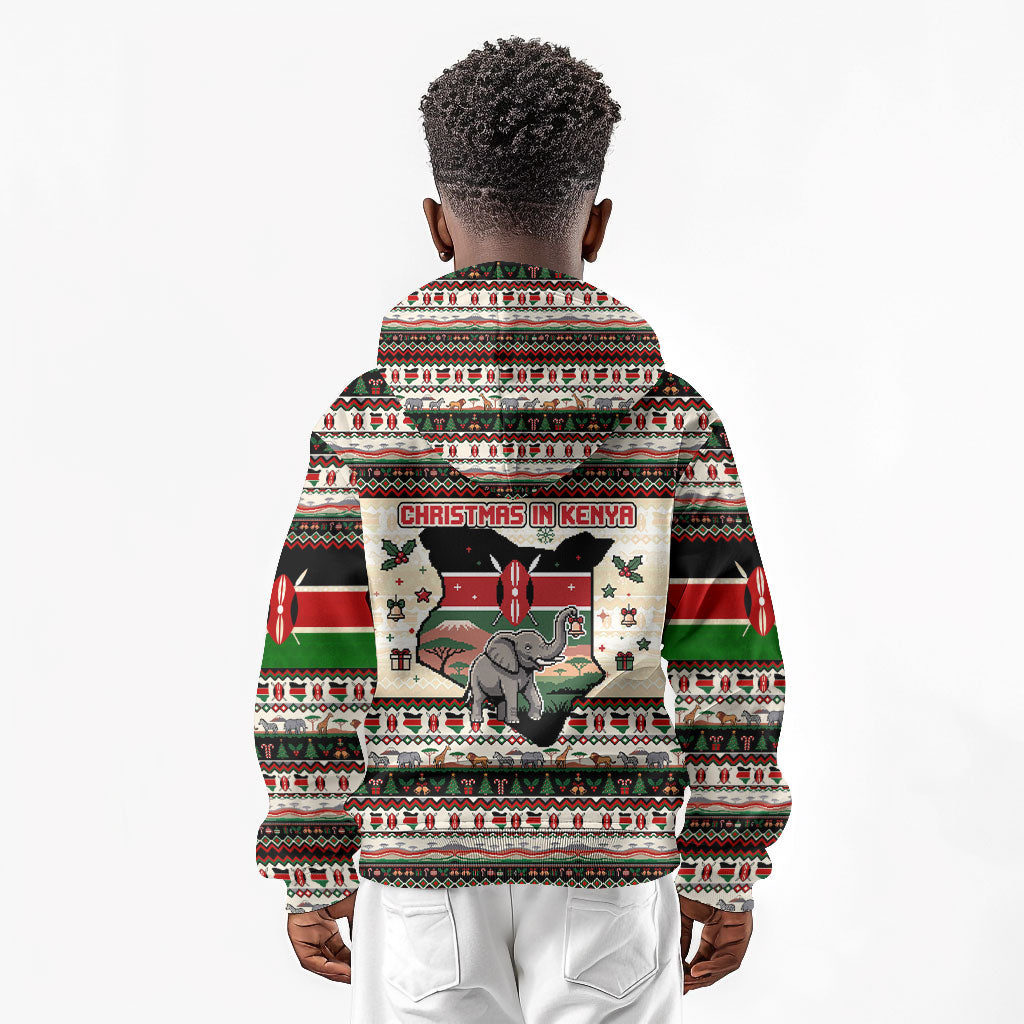 Kenya Christmas Santa Wildlife Kid Hoodie Heri Ya Krismasi - Elephant Giraffe - Ugly Pixel Art