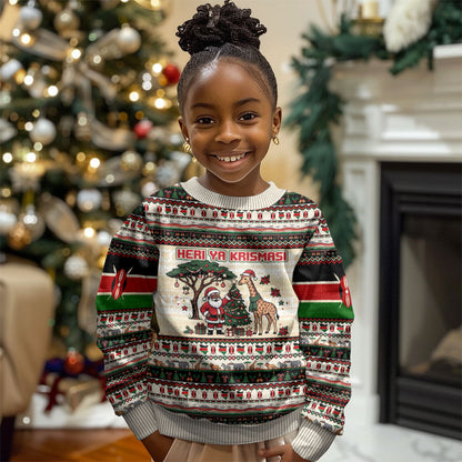 Kenya Christmas Santa Wildlife Kid Ugly Christmas Sweater Heri Ya Krismasi - Elephant Giraffe - Ugly Pixel Art