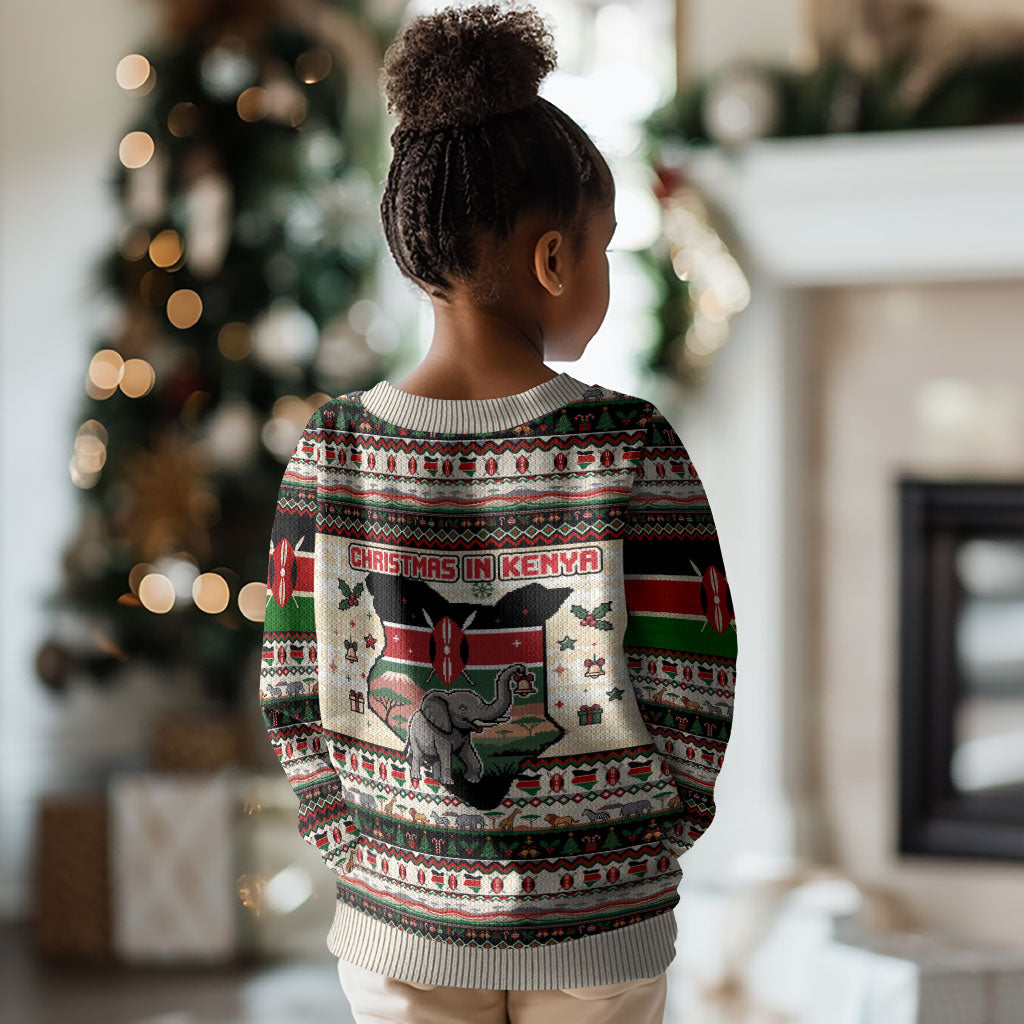 Kenya Christmas Santa Wildlife Kid Ugly Christmas Sweater Heri Ya Krismasi - Elephant Giraffe - Ugly Pixel Art