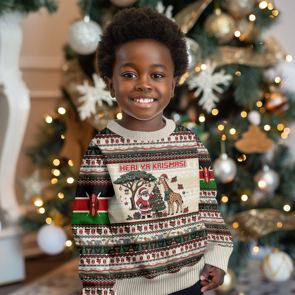 Kenya Christmas Santa Wildlife Kid Ugly Christmas Sweater Heri Ya Krismasi - Elephant Giraffe - Ugly Pixel Art