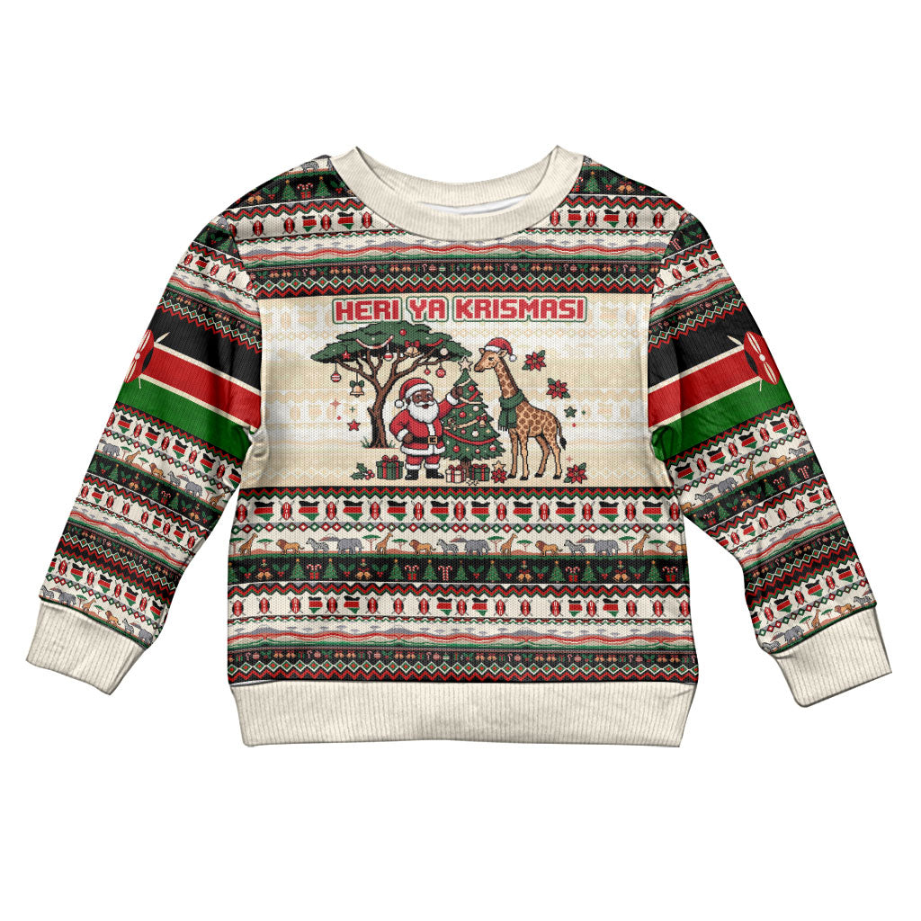 Kenya Christmas Santa Wildlife Kid Ugly Christmas Sweater Heri Ya Krismasi - Elephant Giraffe - Ugly Pixel Art