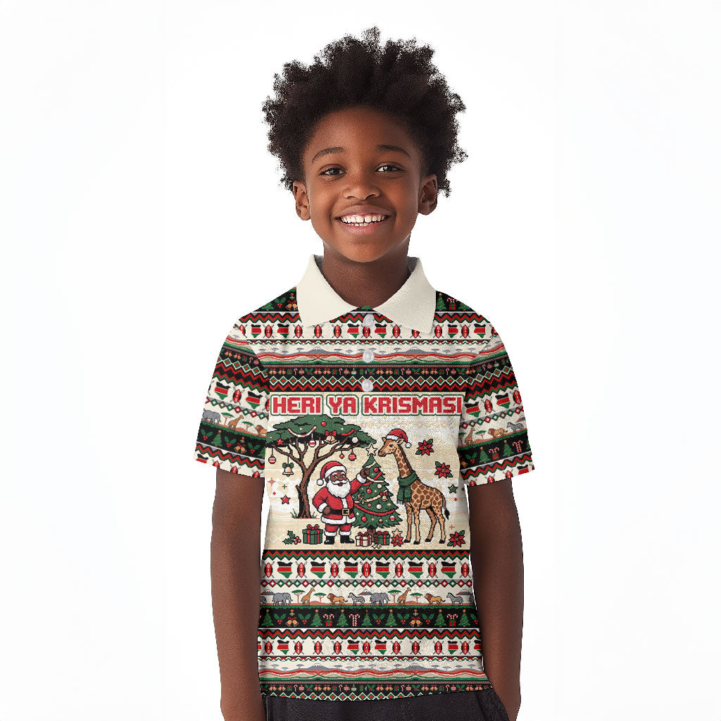 Kenya Christmas Santa Wildlife Kid Polo Shirt Heri Ya Krismasi - Elephant Giraffe - Ugly Pixel Art
