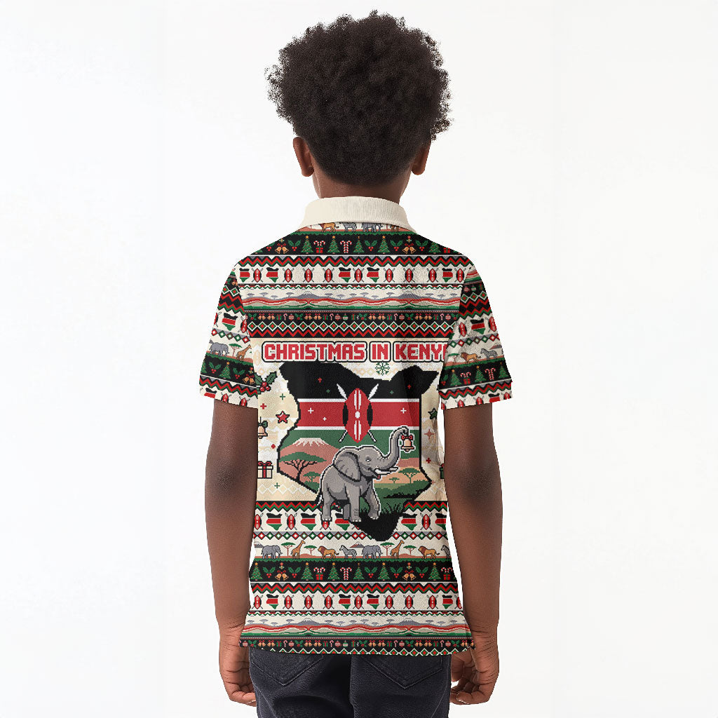 Kenya Christmas Santa Wildlife Kid Polo Shirt Heri Ya Krismasi - Elephant Giraffe - Ugly Pixel Art
