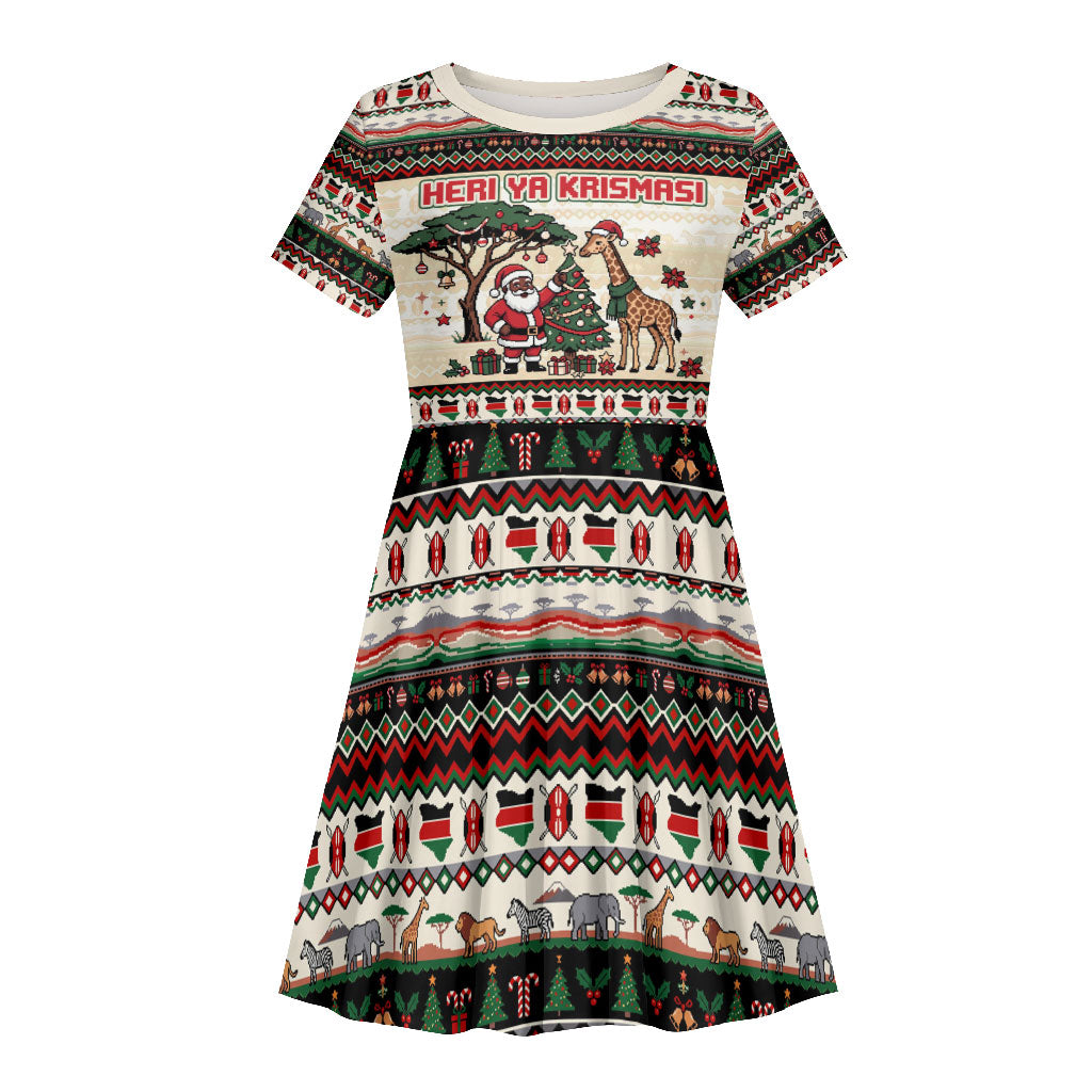 Kenya Christmas Santa Wildlife Kid Short Sleeve Dress Heri Ya Krismasi - Elephant Giraffe - Ugly Pixel Art