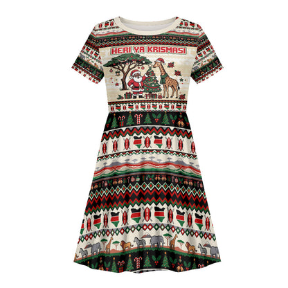 Kenya Christmas Santa Wildlife Kid Short Sleeve Dress Heri Ya Krismasi - Elephant Giraffe - Ugly Pixel Art