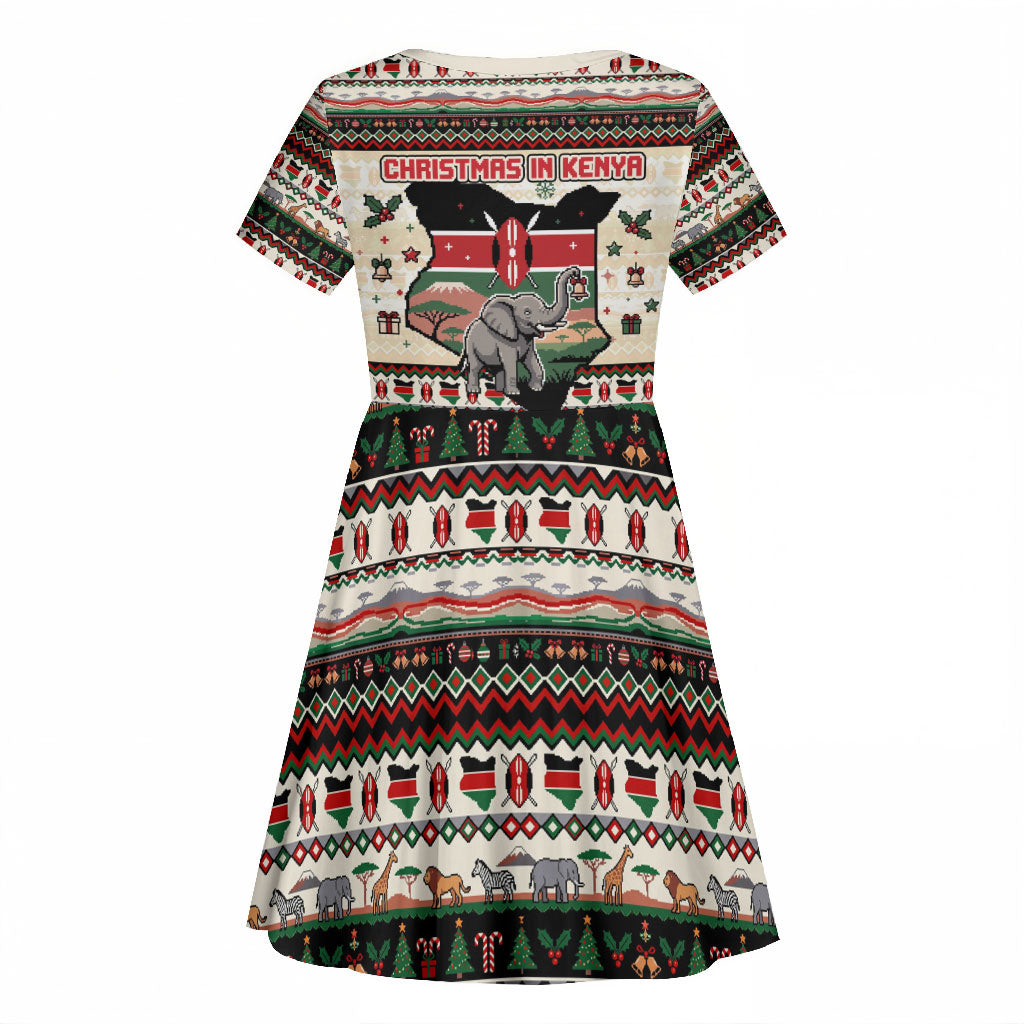 Kenya Christmas Santa Wildlife Kid Short Sleeve Dress Heri Ya Krismasi - Elephant Giraffe - Ugly Pixel Art