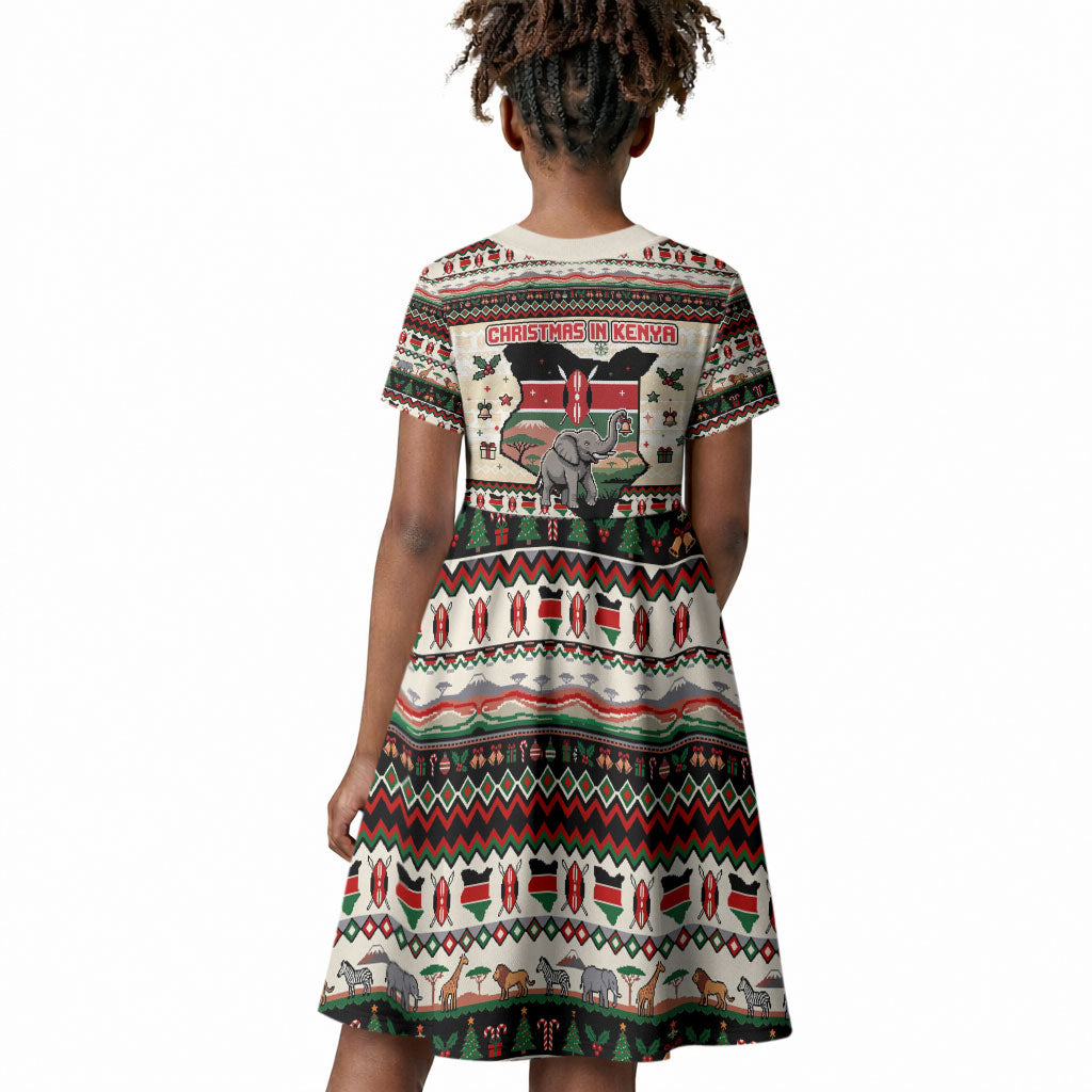 Kenya Christmas Santa Wildlife Kid Short Sleeve Dress Heri Ya Krismasi - Elephant Giraffe - Ugly Pixel Art