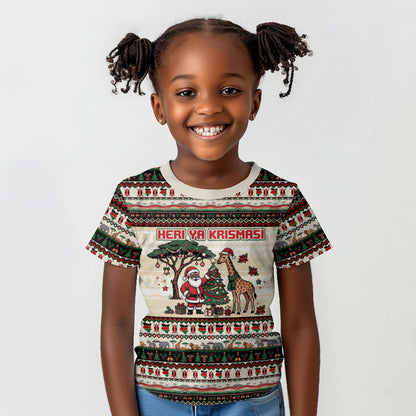 Kenya Christmas Santa Wildlife Kid T shirt Heri Ya Krismasi - Elephant Giraffe - Ugly Pixel Art