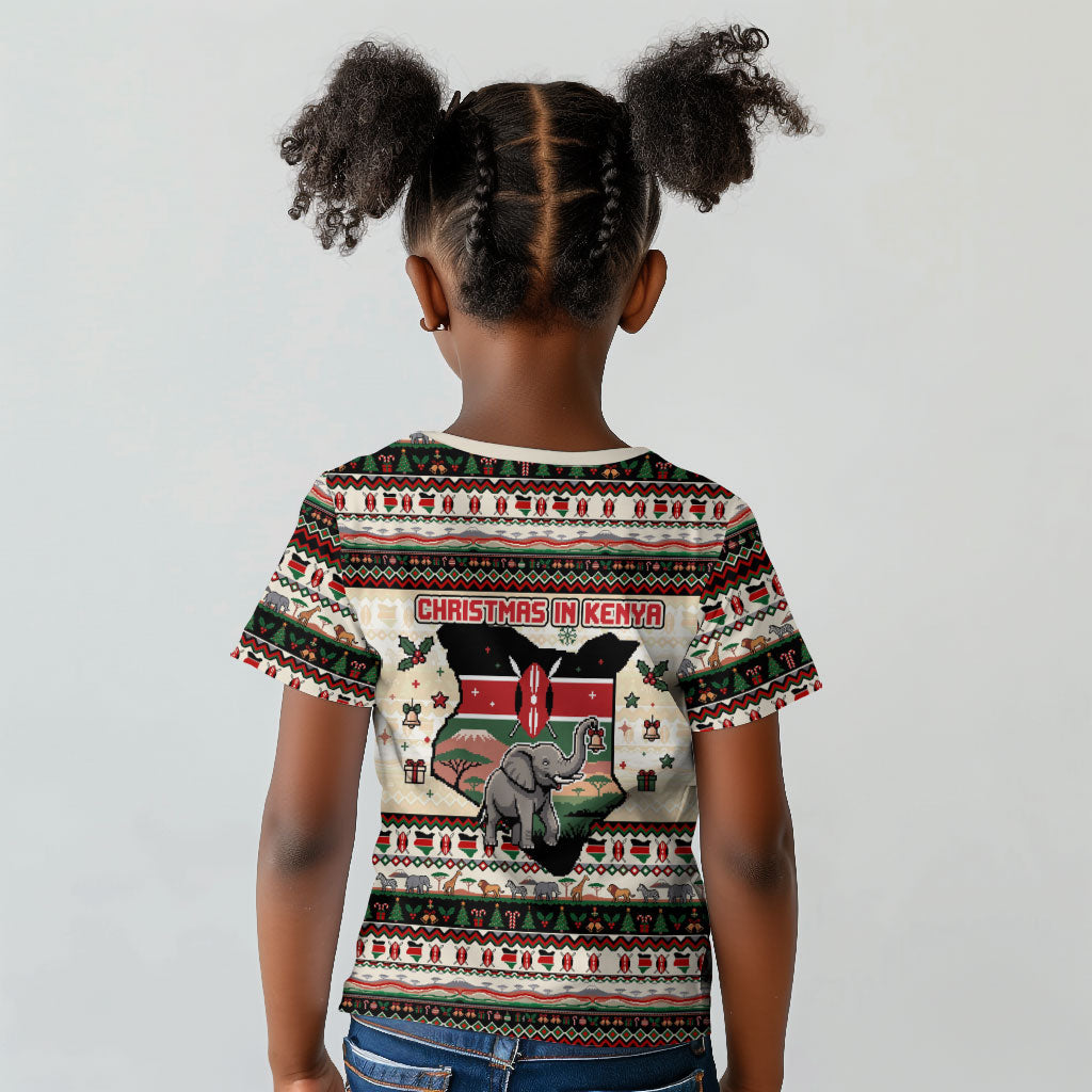 Kenya Christmas Santa Wildlife Kid T shirt Heri Ya Krismasi - Elephant Giraffe - Ugly Pixel Art