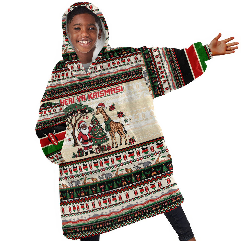 Kenya Christmas Santa Wildlife Kid Wearable Blanket Hoodie Heri Ya Krismasi - Elephant Giraffe - Ugly Pixel Art