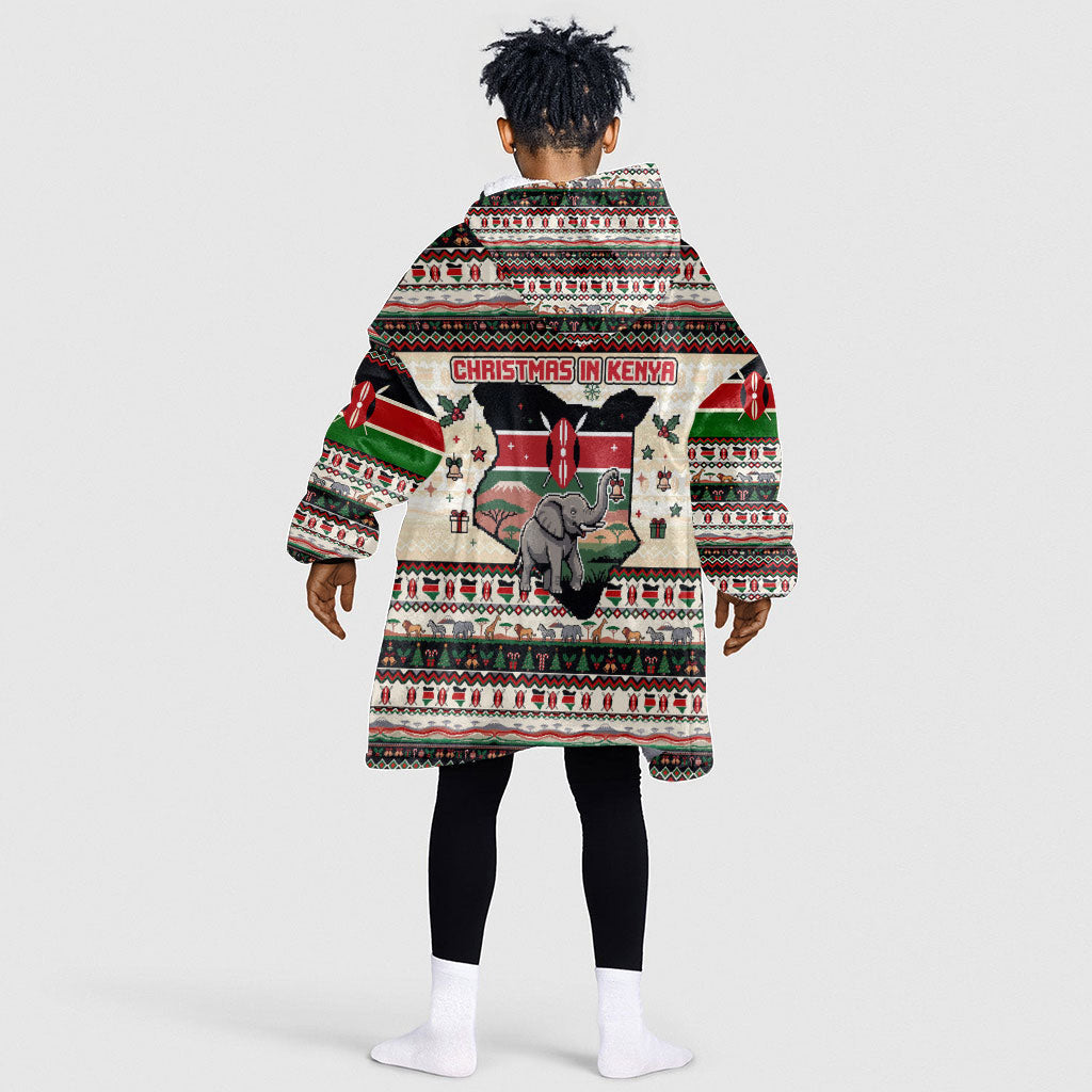 Kenya Christmas Santa Wildlife Kid Wearable Blanket Hoodie Heri Ya Krismasi - Elephant Giraffe - Ugly Pixel Art