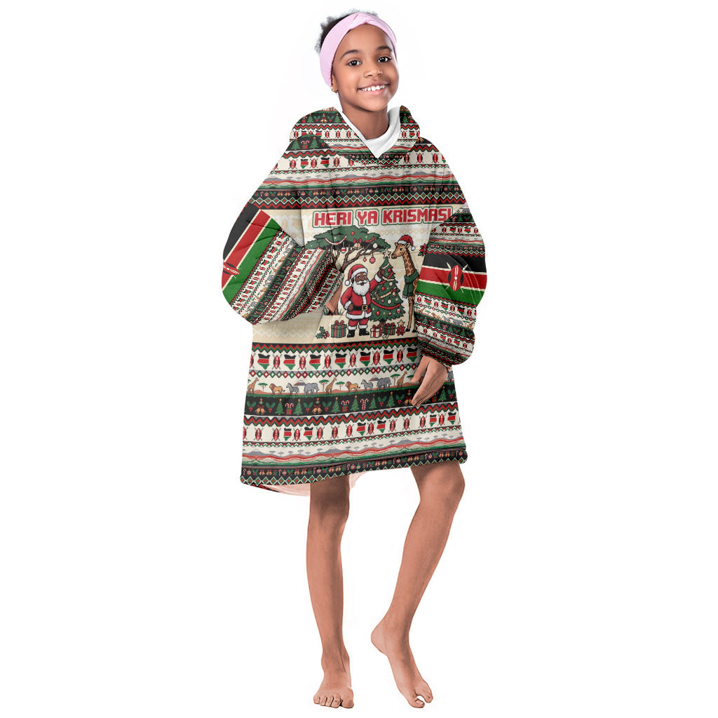 Kenya Christmas Santa Wildlife Kid Wearable Blanket Hoodie Heri Ya Krismasi - Elephant Giraffe - Ugly Pixel Art