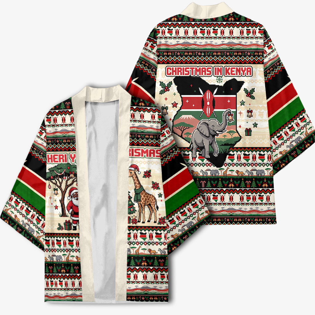 Kenya Christmas Santa Wildlife Kimono Heri Ya Krismasi - Elephant Giraffe - Ugly Pixel Art