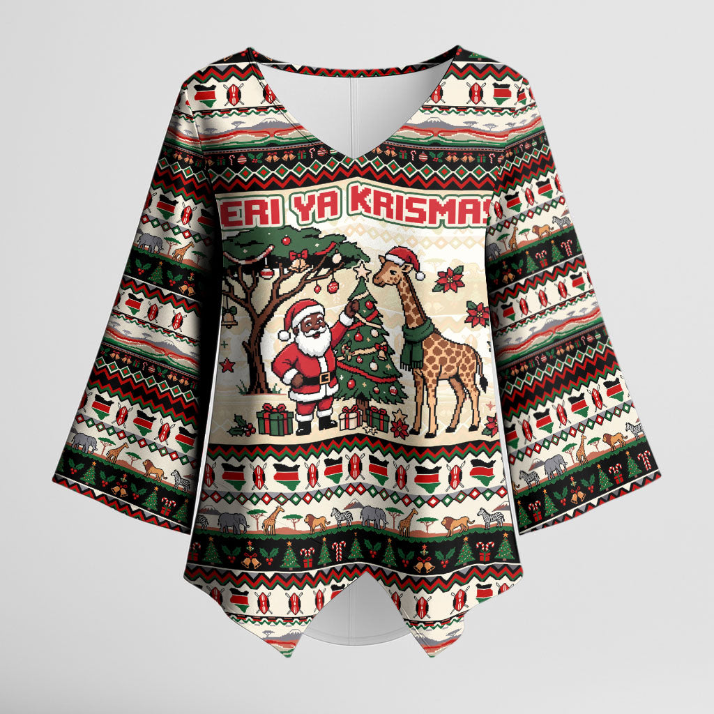 Kenya Christmas Santa Wildlife Kimono Sleeve Blouse Heri Ya Krismasi - Elephant Giraffe - Ugly Pixel Art