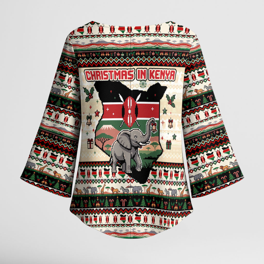 Kenya Christmas Santa Wildlife Kimono Sleeve Blouse Heri Ya Krismasi - Elephant Giraffe - Ugly Pixel Art