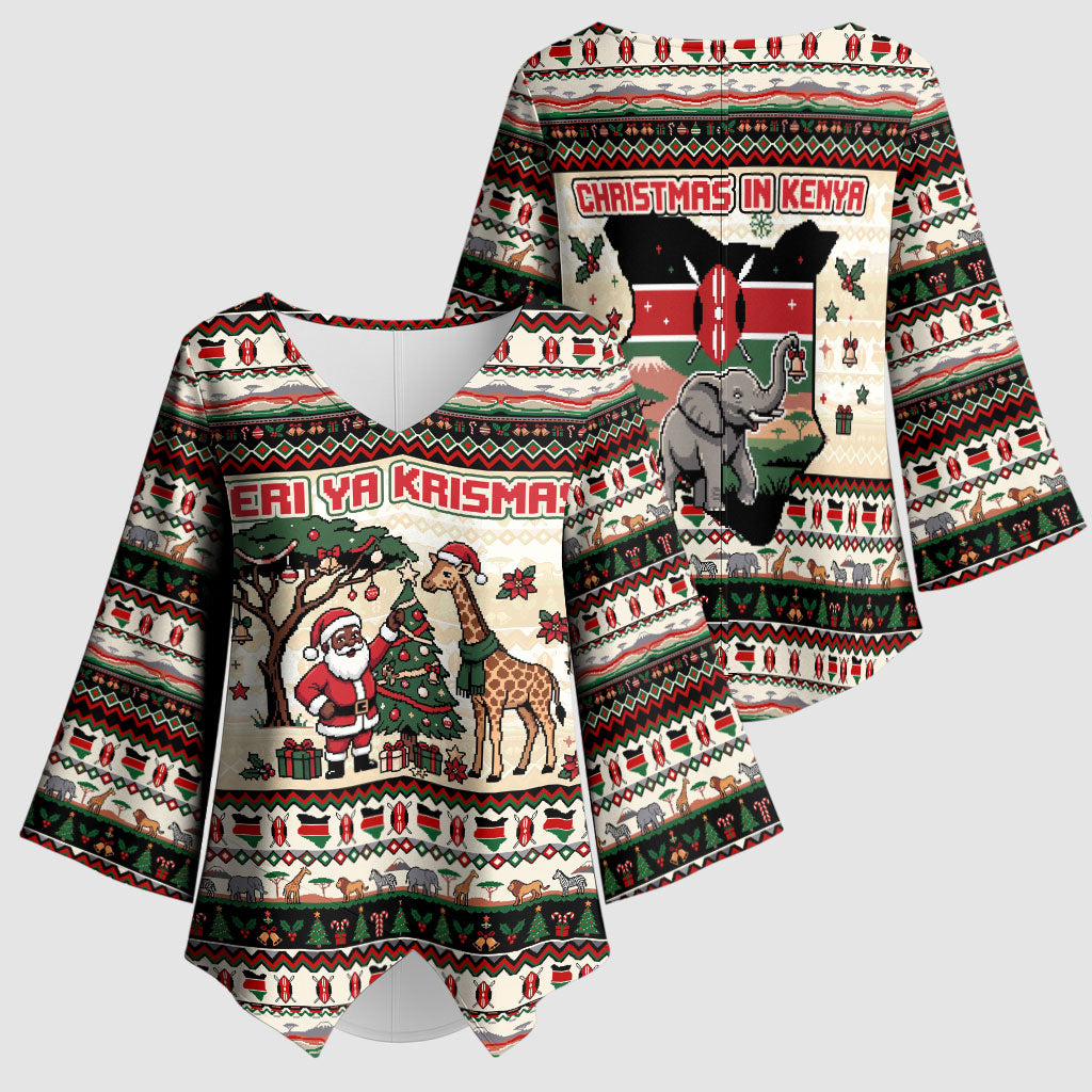 Kenya Christmas Santa Wildlife Kimono Sleeve Blouse Heri Ya Krismasi - Elephant Giraffe - Ugly Pixel Art