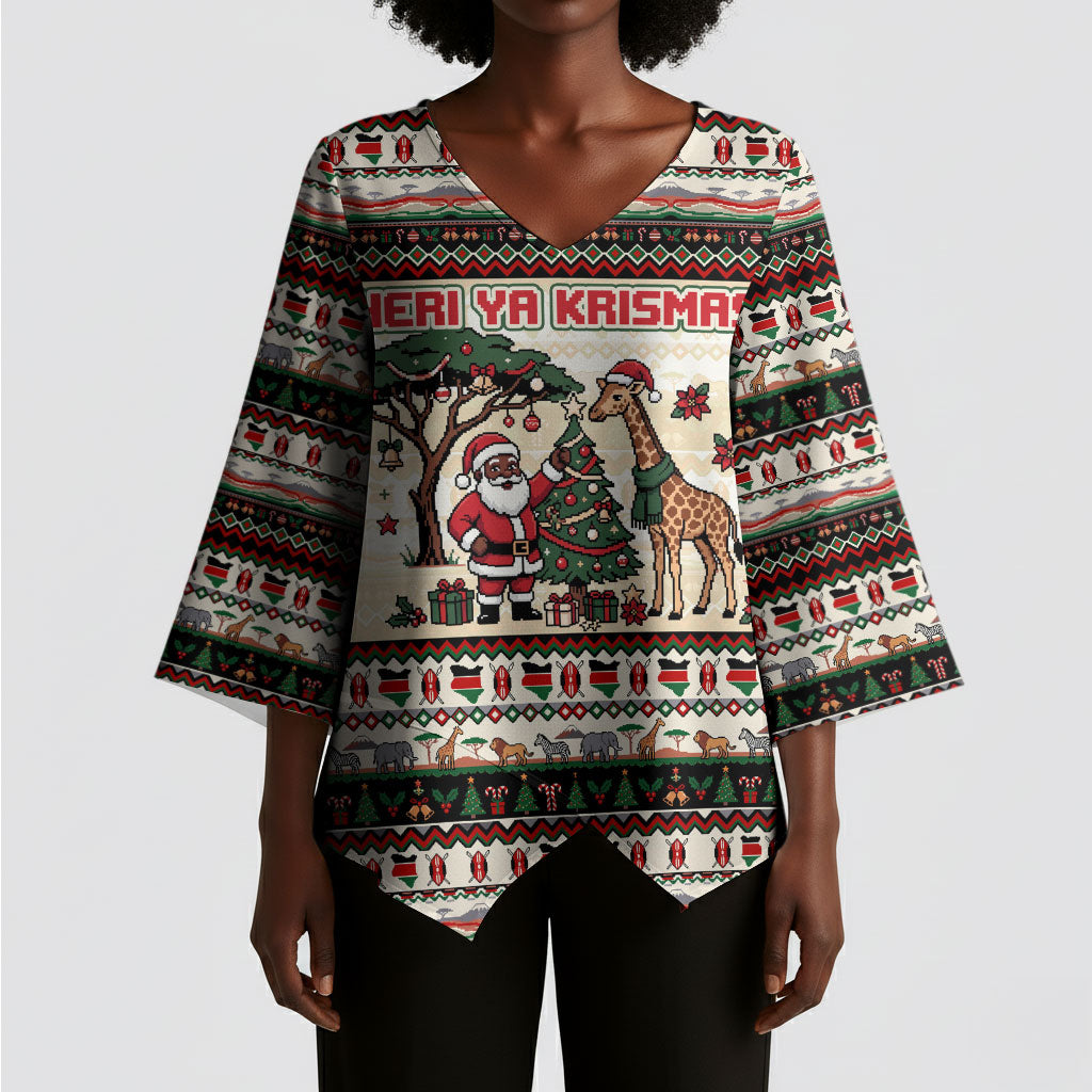 Kenya Christmas Santa Wildlife Kimono Sleeve Blouse Heri Ya Krismasi - Elephant Giraffe - Ugly Pixel Art