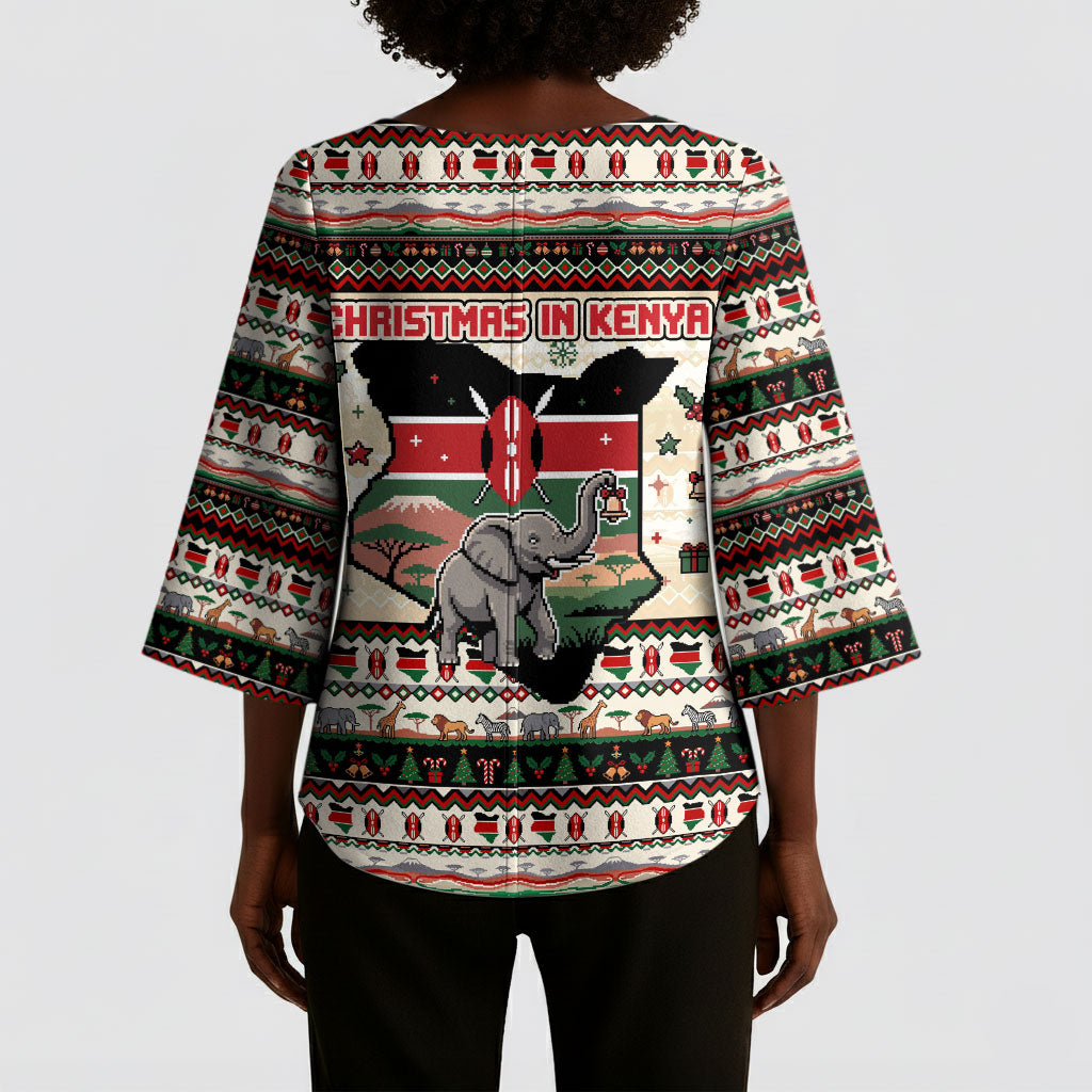 Kenya Christmas Santa Wildlife Kimono Sleeve Blouse Heri Ya Krismasi - Elephant Giraffe - Ugly Pixel Art