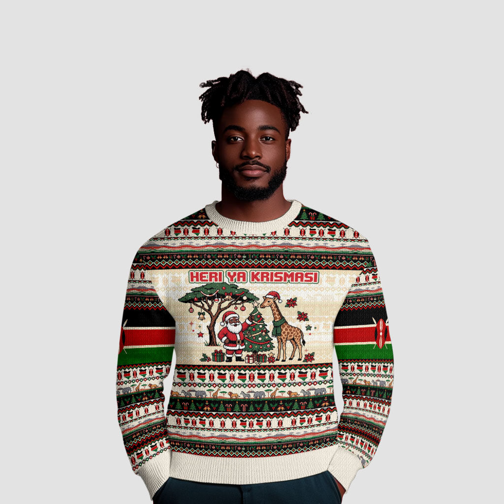 Kenya Christmas Santa Wildlife Ugly Christmas Sweater Heri Ya Krismasi - Elephant Giraffe - Ugly Pixel Art