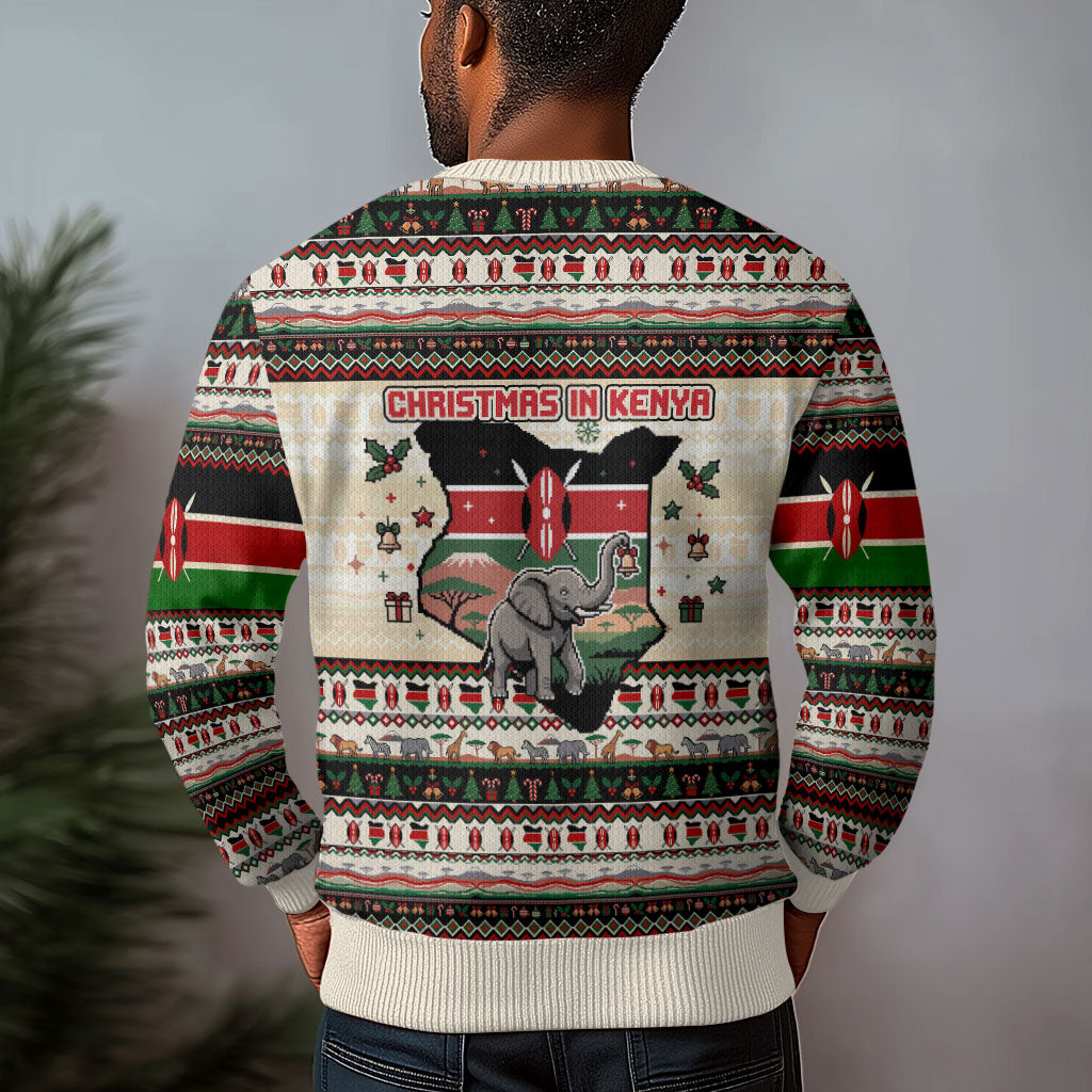 Kenya Christmas Santa Wildlife Ugly Christmas Sweater Heri Ya Krismasi - Elephant Giraffe - Ugly Pixel Art