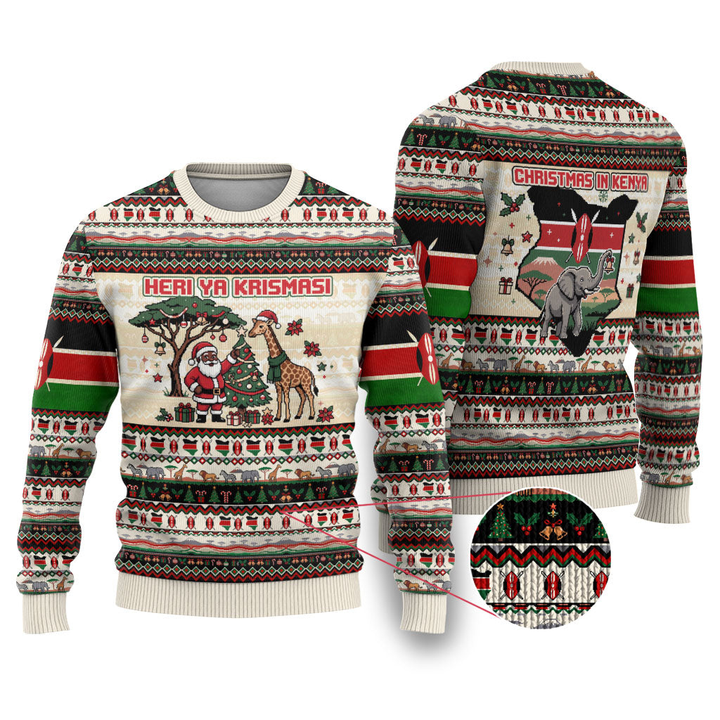 Kenya Christmas Santa Wildlife Ugly Christmas Sweater Heri Ya Krismasi - Elephant Giraffe - Ugly Pixel Art