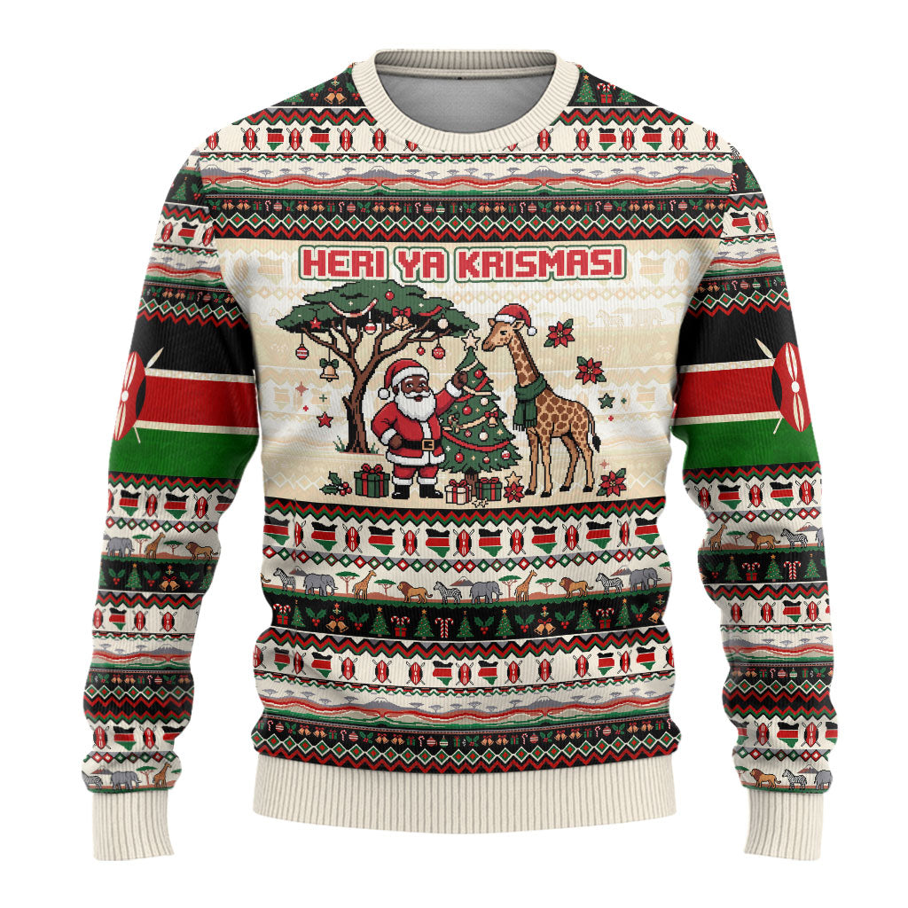 Kenya Christmas Santa Wildlife Ugly Christmas Sweater Heri Ya Krismasi - Elephant Giraffe - Ugly Pixel Art