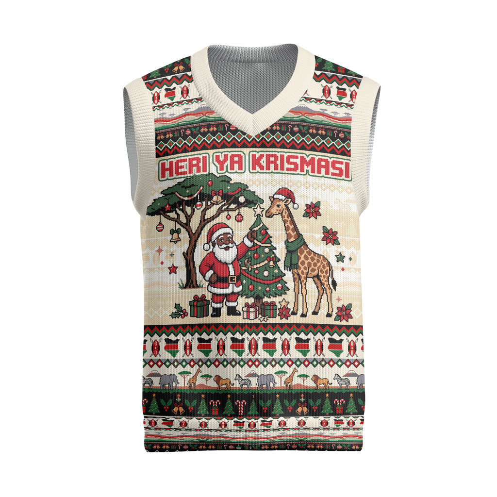 Kenya Christmas Santa Wildlife Christmas Knitted V-Neck Vest Heri Ya Krismasi - Elephant Giraffe - Ugly Pixel Art