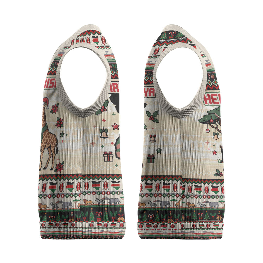 Kenya Christmas Santa Wildlife Christmas Knitted V-Neck Vest Heri Ya Krismasi - Elephant Giraffe - Ugly Pixel Art